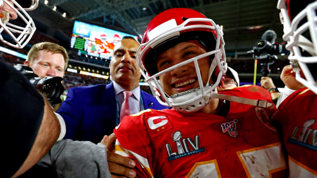 Feb 2, 2020; Miami Gardens, Florida, USA; Kansas City Chiefs quarterback Patrick Mahomes (15) celebrates beating the San Francisco 49ers in Super Bowl LIV at Hard Rock Stadium. Mandatory Credit: Matthew Emmons-USA TODAY Sports  
